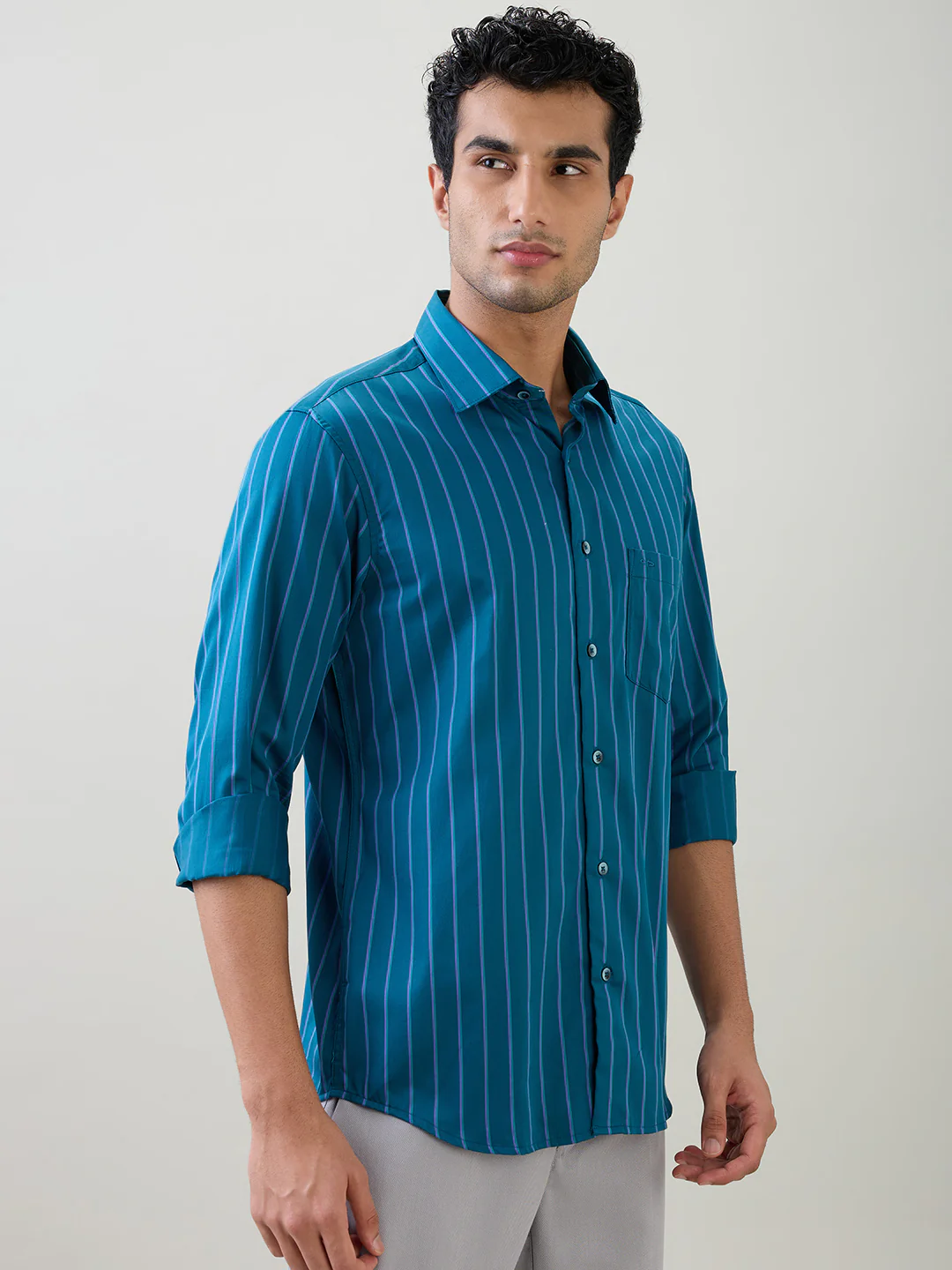 Colorplus Men Blue Stripe Regular Fit Cotton Full Sleeve Casual Shirt - Image 2