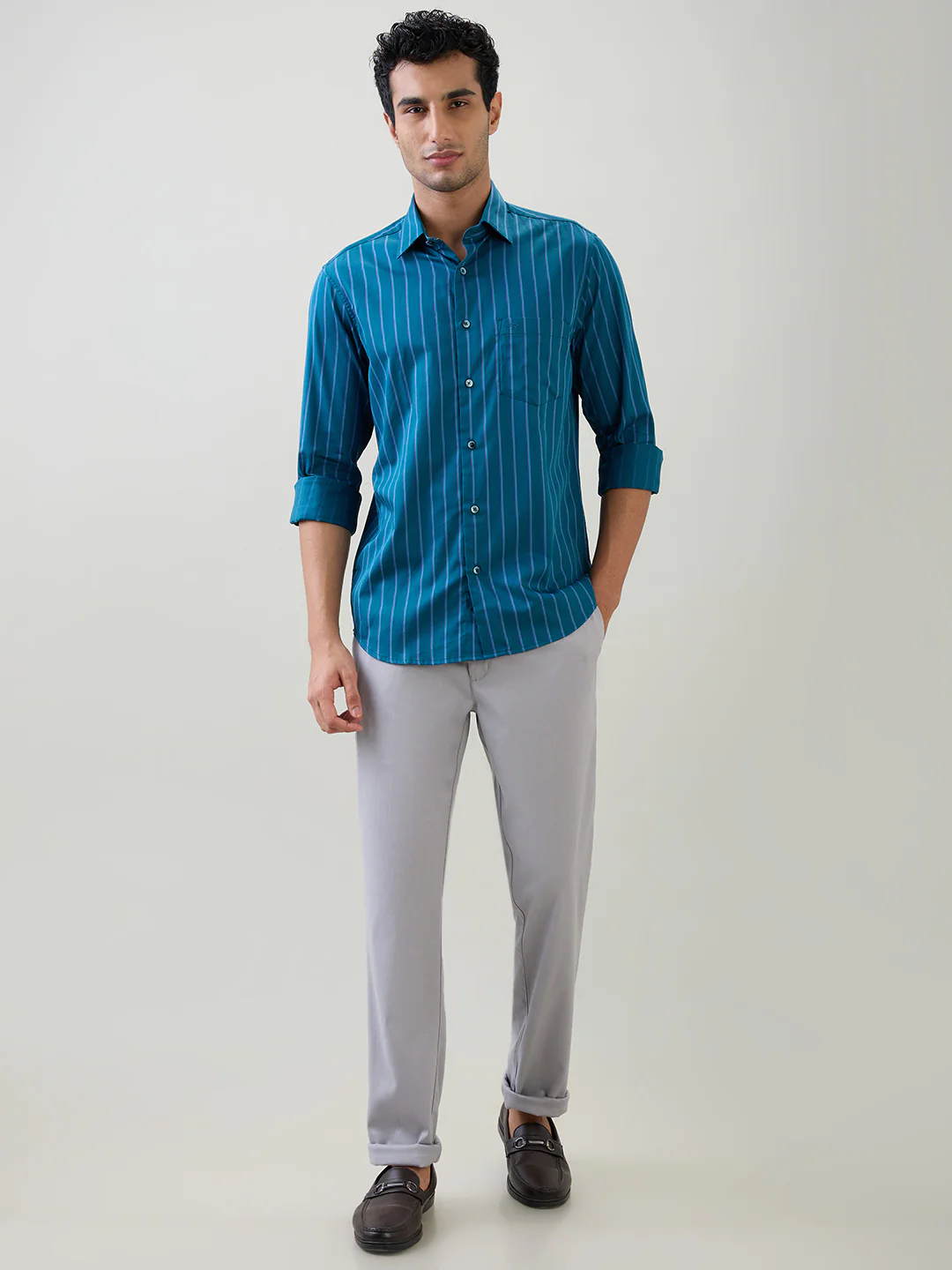 Colorplus Men Blue Stripe Regular Fit Cotton Full Sleeve Casual Shirt - Image 5