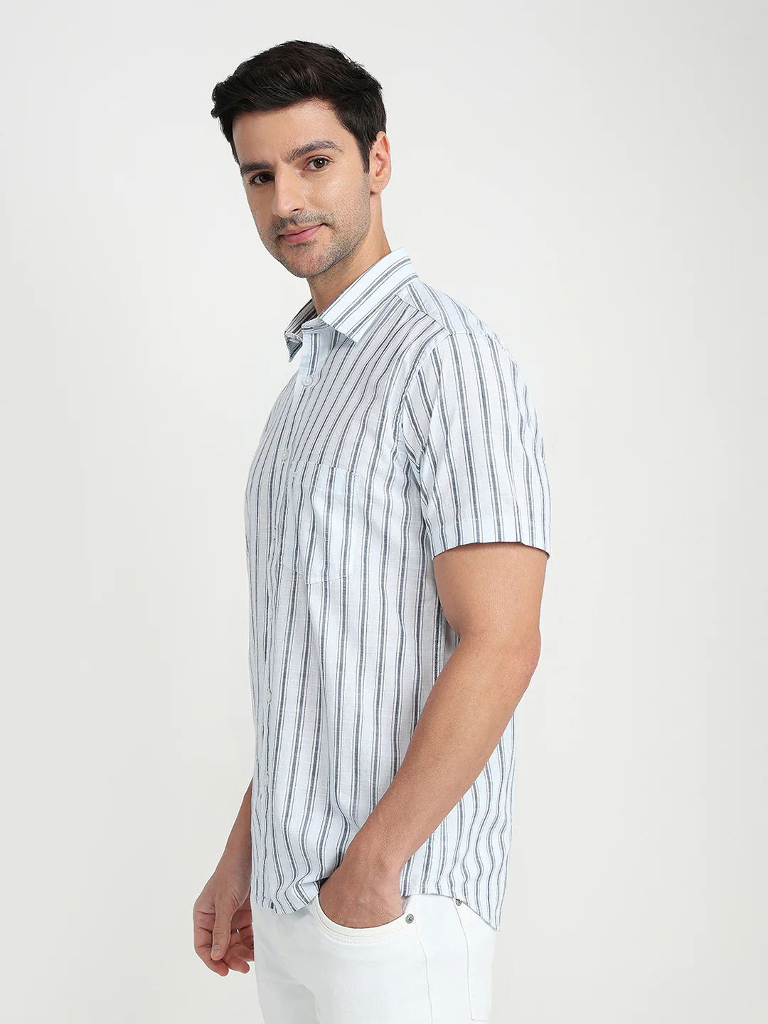 Colorplus Men Blue Stripe Regular Fit Cotton Half Sleeve Casual Shirt - Image 2