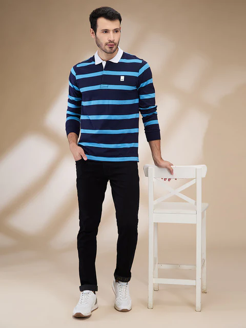 Colorplus Men Blue Stripe Regular Fit Cotton T-Shirt - Image 2