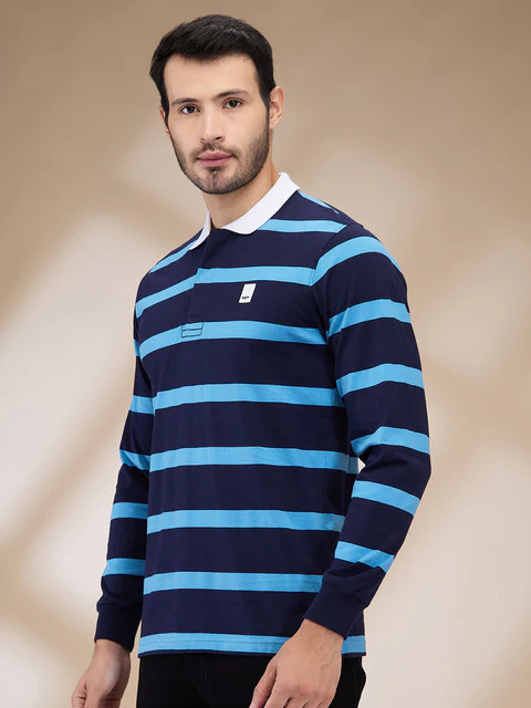 Colorplus Men Blue Stripe Regular Fit Cotton T-Shirt - Image 3
