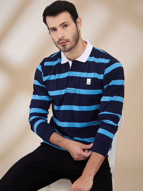 Colorplus Men Blue Stripe Regular Fit Cotton T-Shirt - Image 6