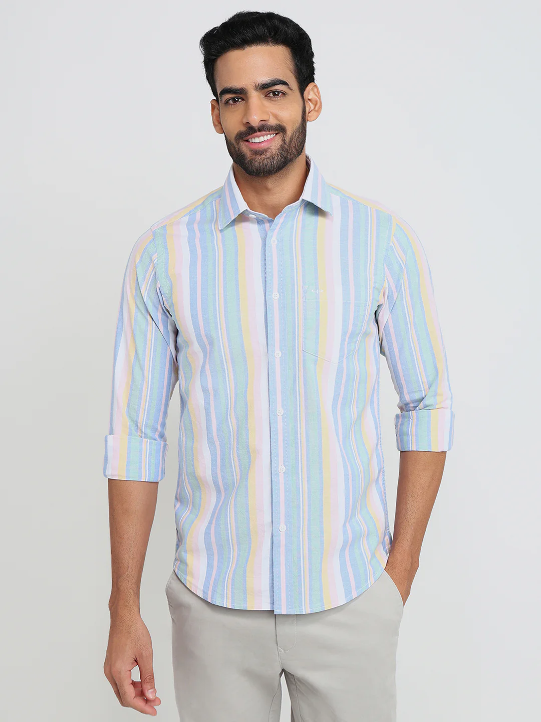 Colorplus Men Blue Stripe Slim Fit Cotton Blend Casual Shirt
