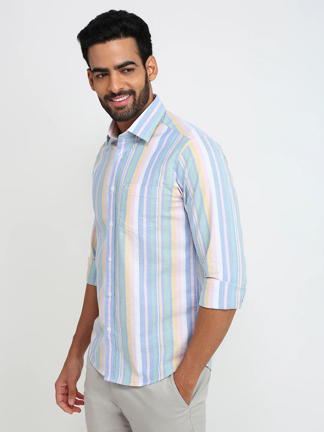 Colorplus Men Blue Stripe Slim Fit Cotton Blend Casual Shirt - Image 2