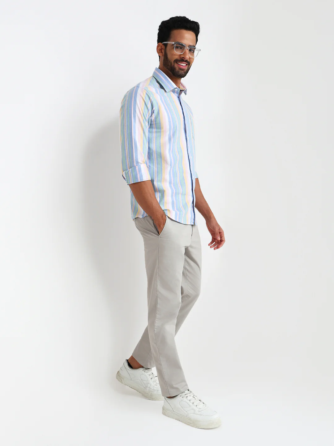 Colorplus Men Blue Stripe Slim Fit Cotton Blend Casual Shirt - Image 5