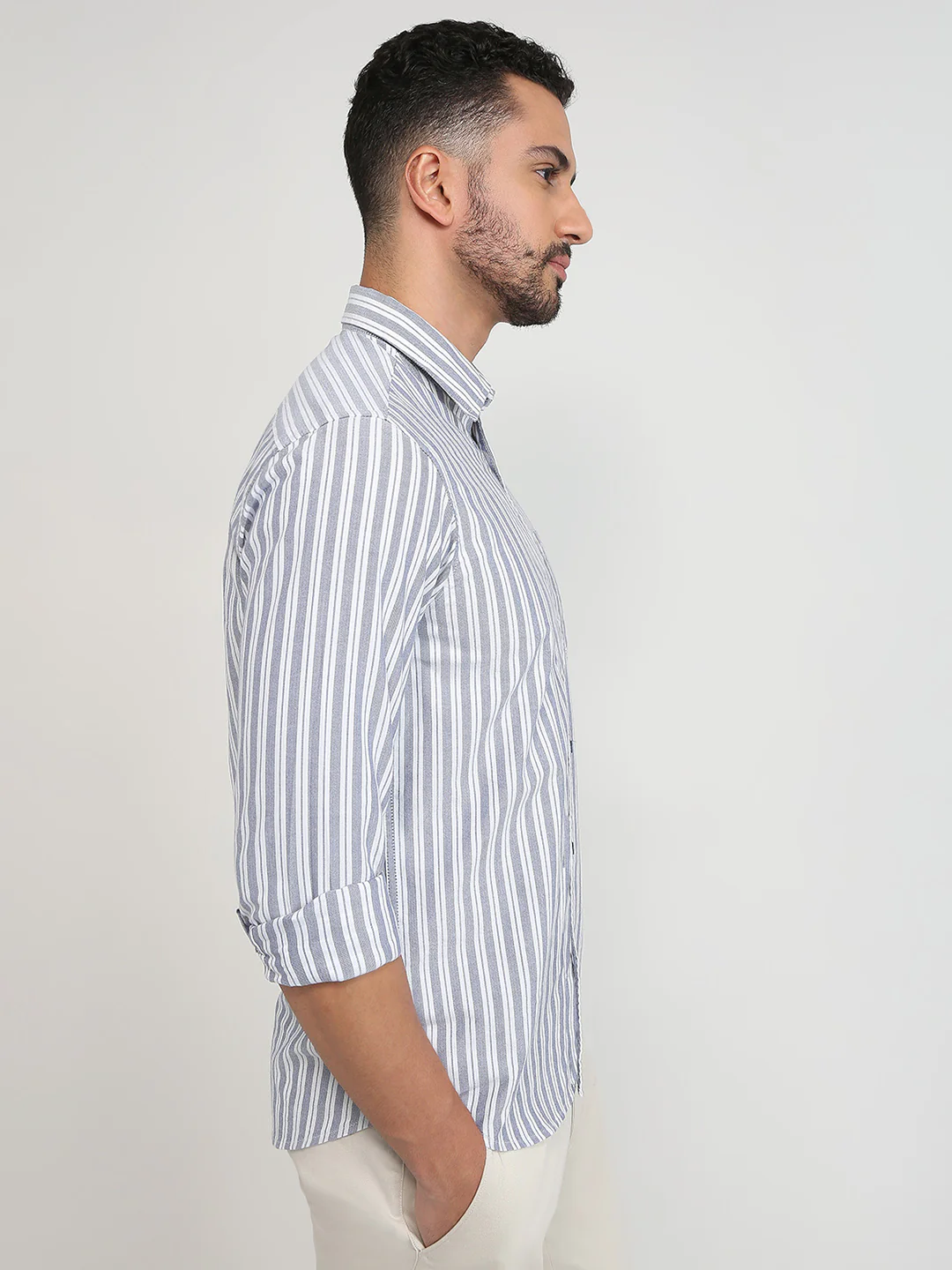 Colorplus Men Blue Stripe Slim Fit Cotton Casual Shirt - Image 3