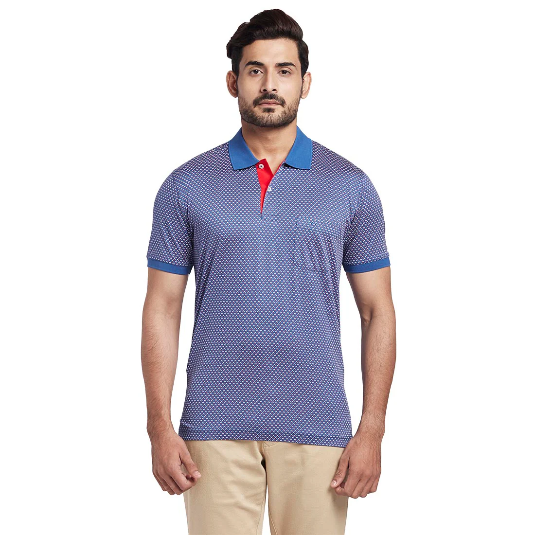 ColorPlus Men Blue Tailored Fit Printed Cotton Half Sleeve Polo Collar T-Shirt