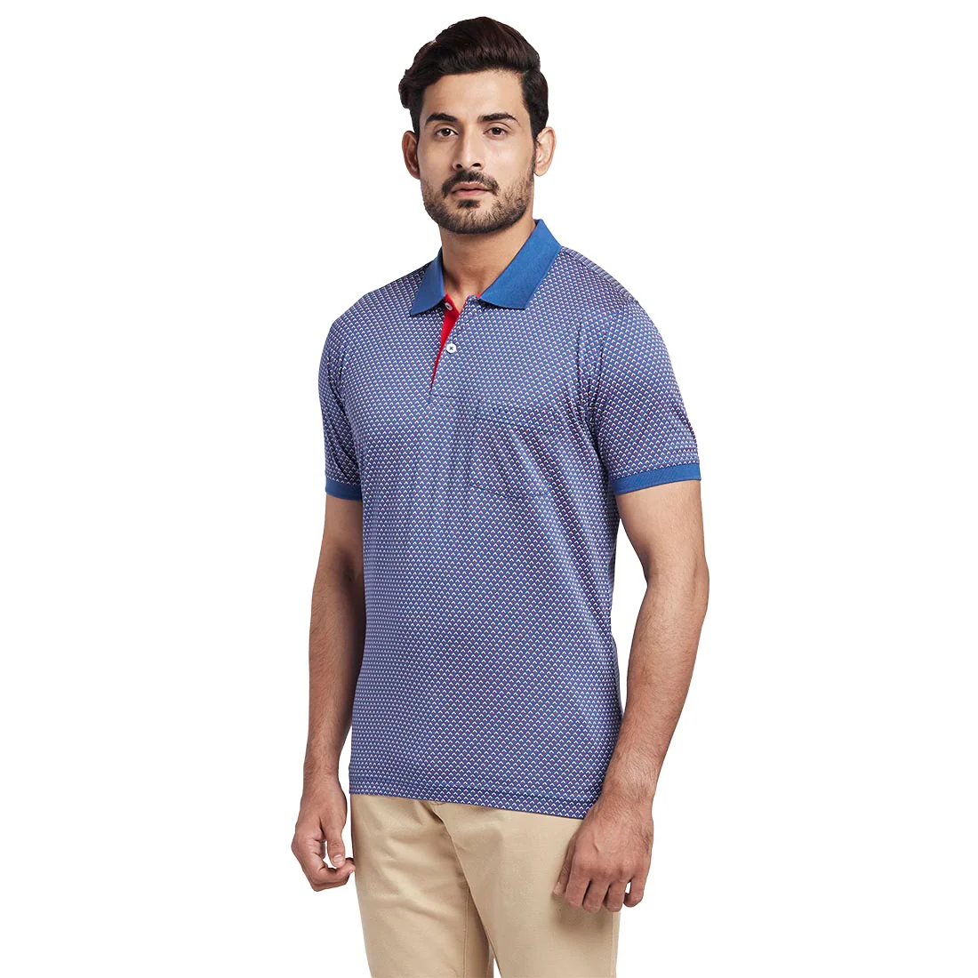 ColorPlus Men Blue Tailored Fit Printed Cotton Half Sleeve Polo Collar T-Shirt - Image 3