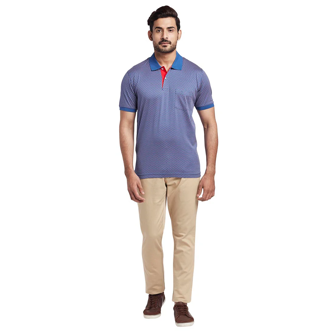 ColorPlus Men Blue Tailored Fit Printed Cotton Half Sleeve Polo Collar T-Shirt - Image 5