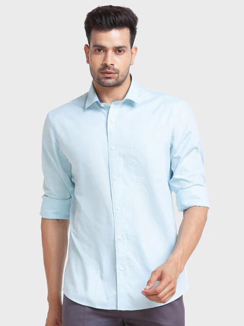 ColorPlus Men Blue Tailored Fit Solid Full Sleeve Shirt