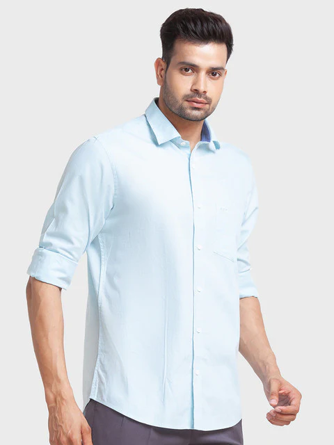 ColorPlus Men Blue Tailored Fit Solid Full Sleeve Shirt - Image 2