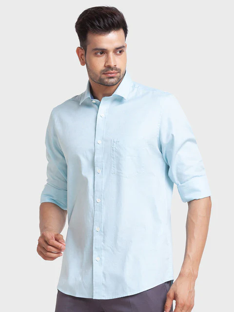 ColorPlus Men Blue Tailored Fit Solid Full Sleeve Shirt - Image 3