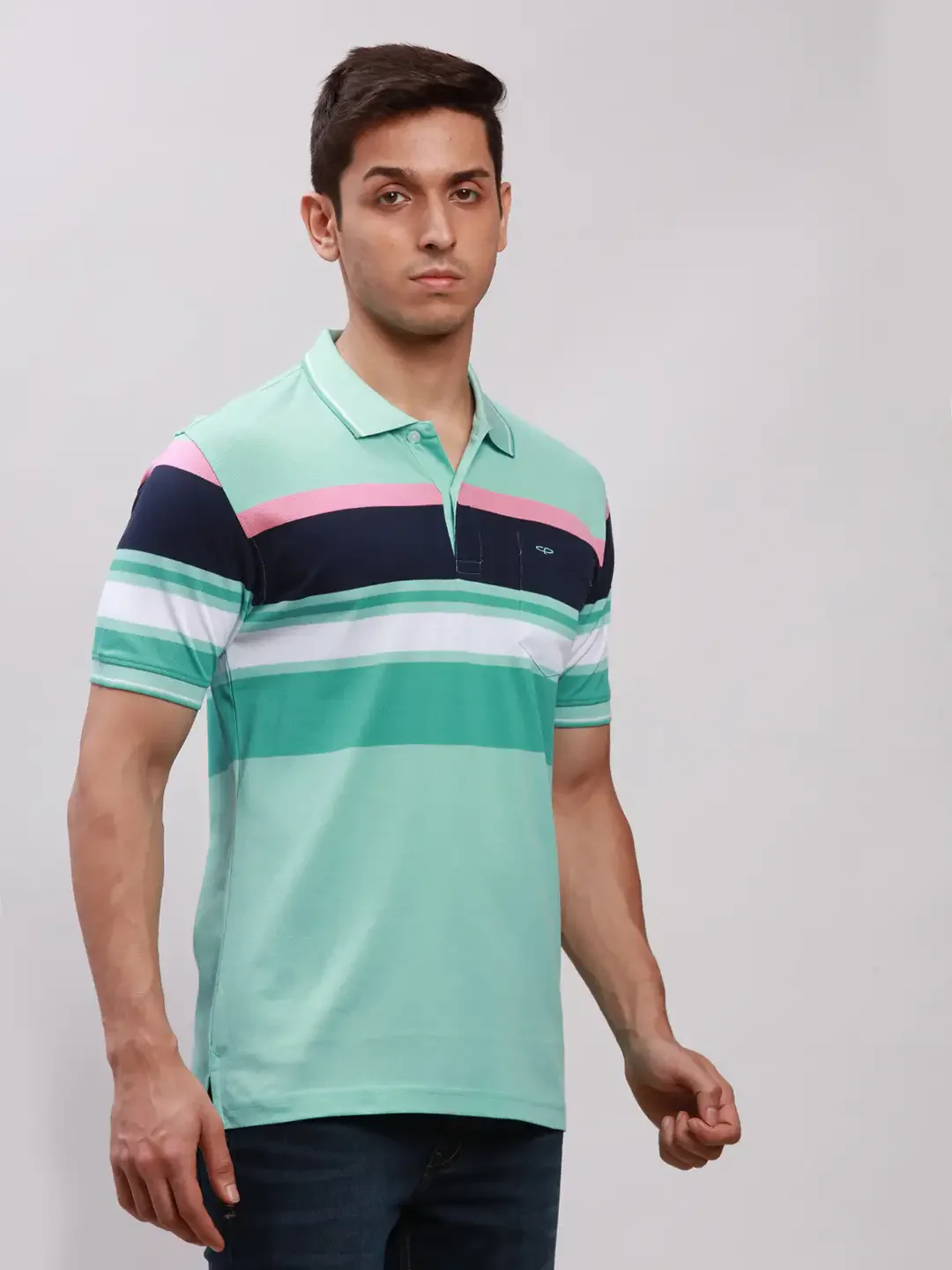 ColorPlus Men Blue Tailored Fit Stripe Cotton Half Sleeve T-Shirt - Image 2