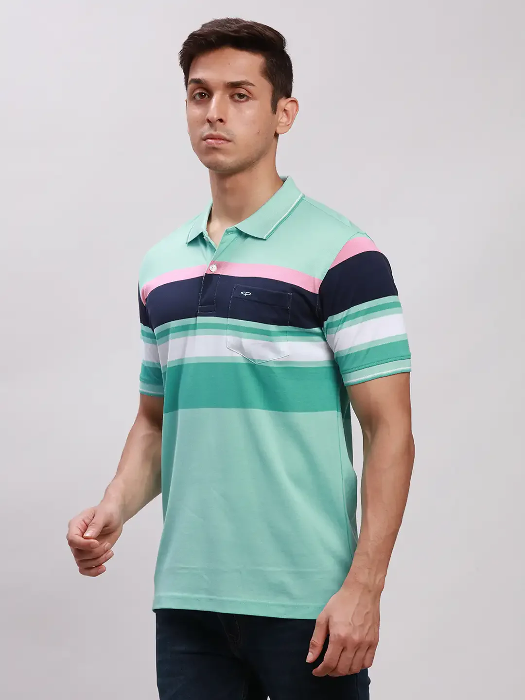 ColorPlus Men Blue Tailored Fit Stripe Cotton Half Sleeve T-Shirt - Image 3