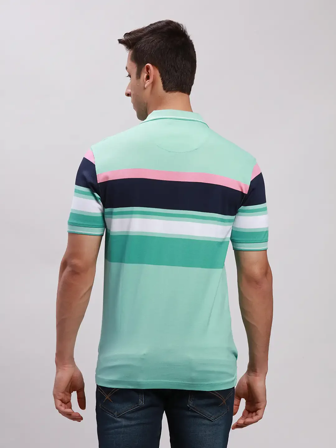 ColorPlus Men Blue Tailored Fit Stripe Cotton Half Sleeve T-Shirt - Image 4