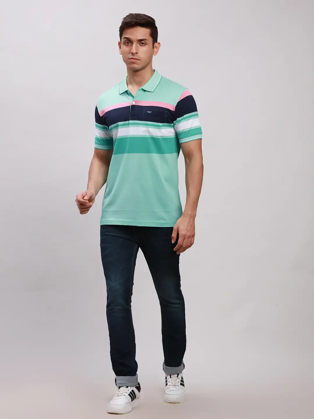 ColorPlus Men Blue Tailored Fit Stripe Cotton Half Sleeve T-Shirt - Image 5