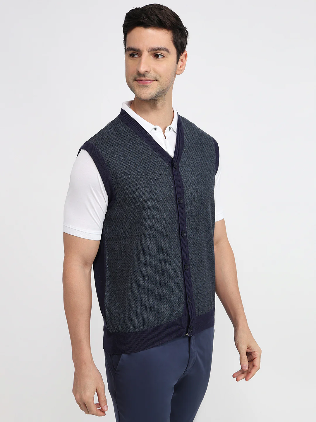 Colorplus Men Blue Tweed Regular Fit Wool Blend Sweatshirt - Image 3