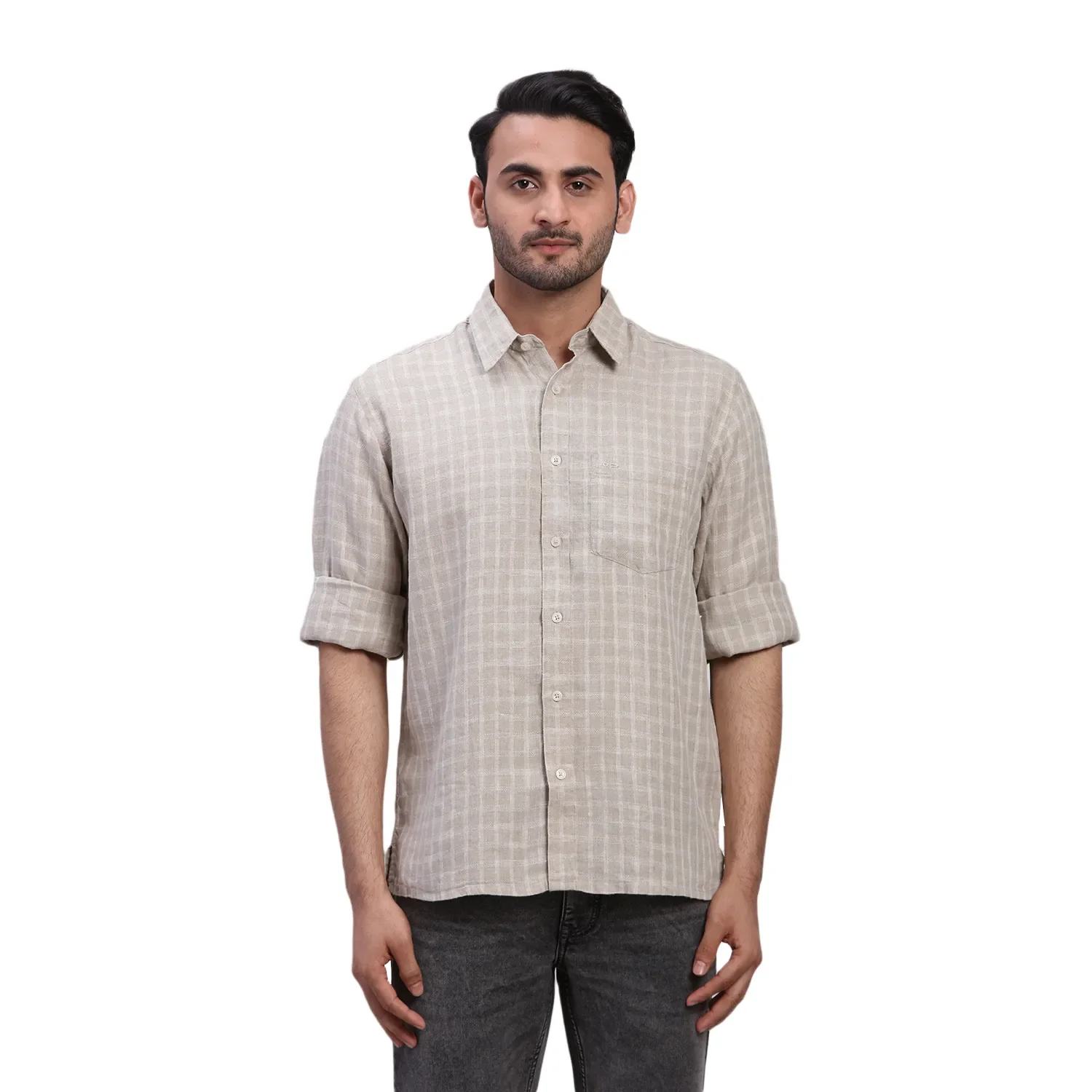 ColorPlus Men Brown Checks Comfort Fit Linen Full Sleeve Shirt