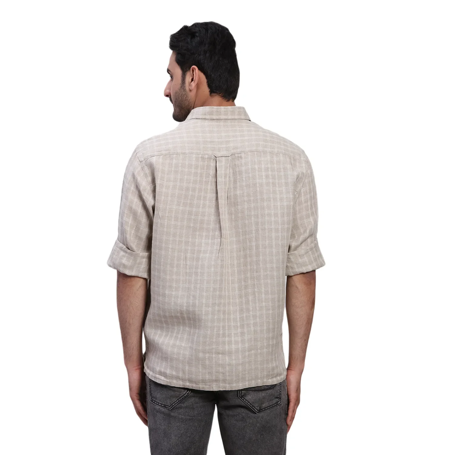 ColorPlus Men Brown Checks Comfort Fit Linen Full Sleeve Shirt - Image 4