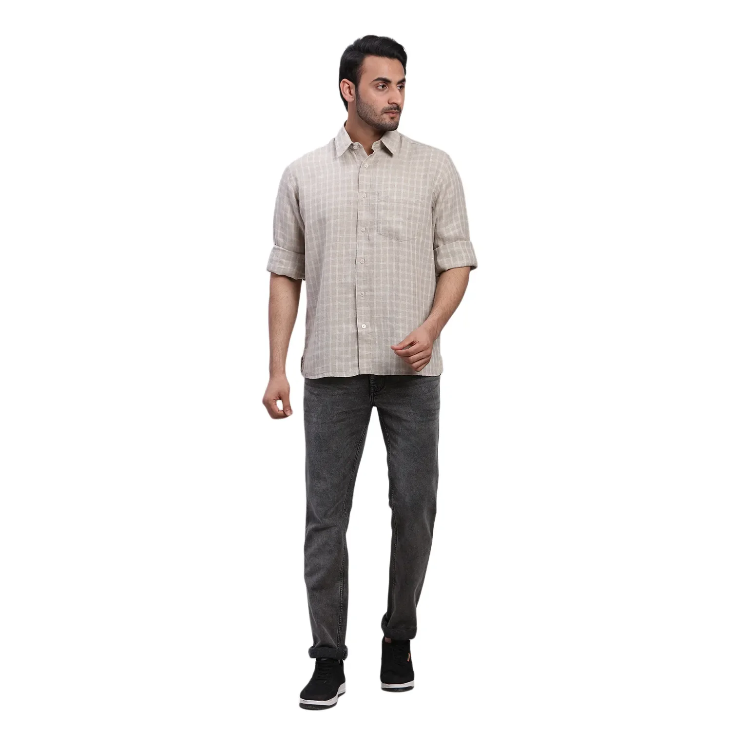ColorPlus Men Brown Checks Comfort Fit Linen Full Sleeve Shirt - Image 5
