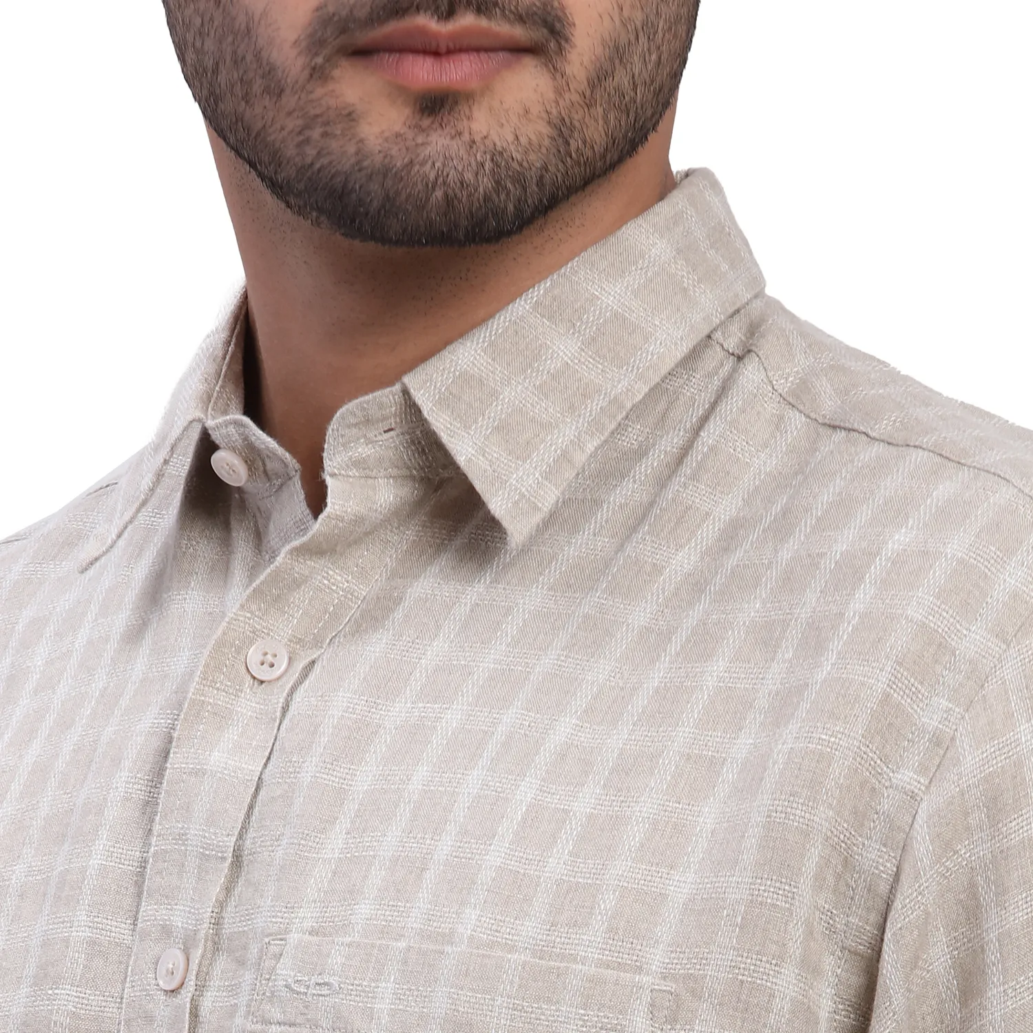 ColorPlus Men Brown Checks Comfort Fit Linen Full Sleeve Shirt - Image 6