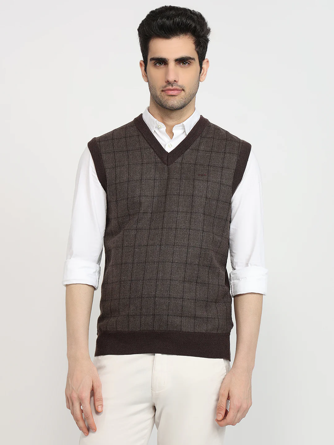Colorplus Men Brown Checks Regular Fit Acrylic Blend Sweatshirt