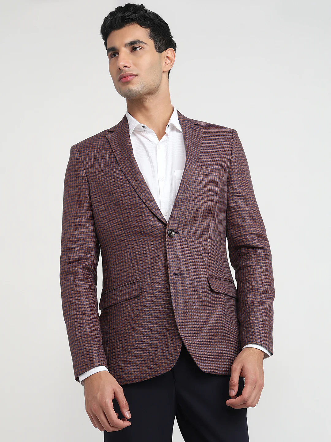 Colorplus Men Brown Checks Regular Fit Cotton Blend Blazer