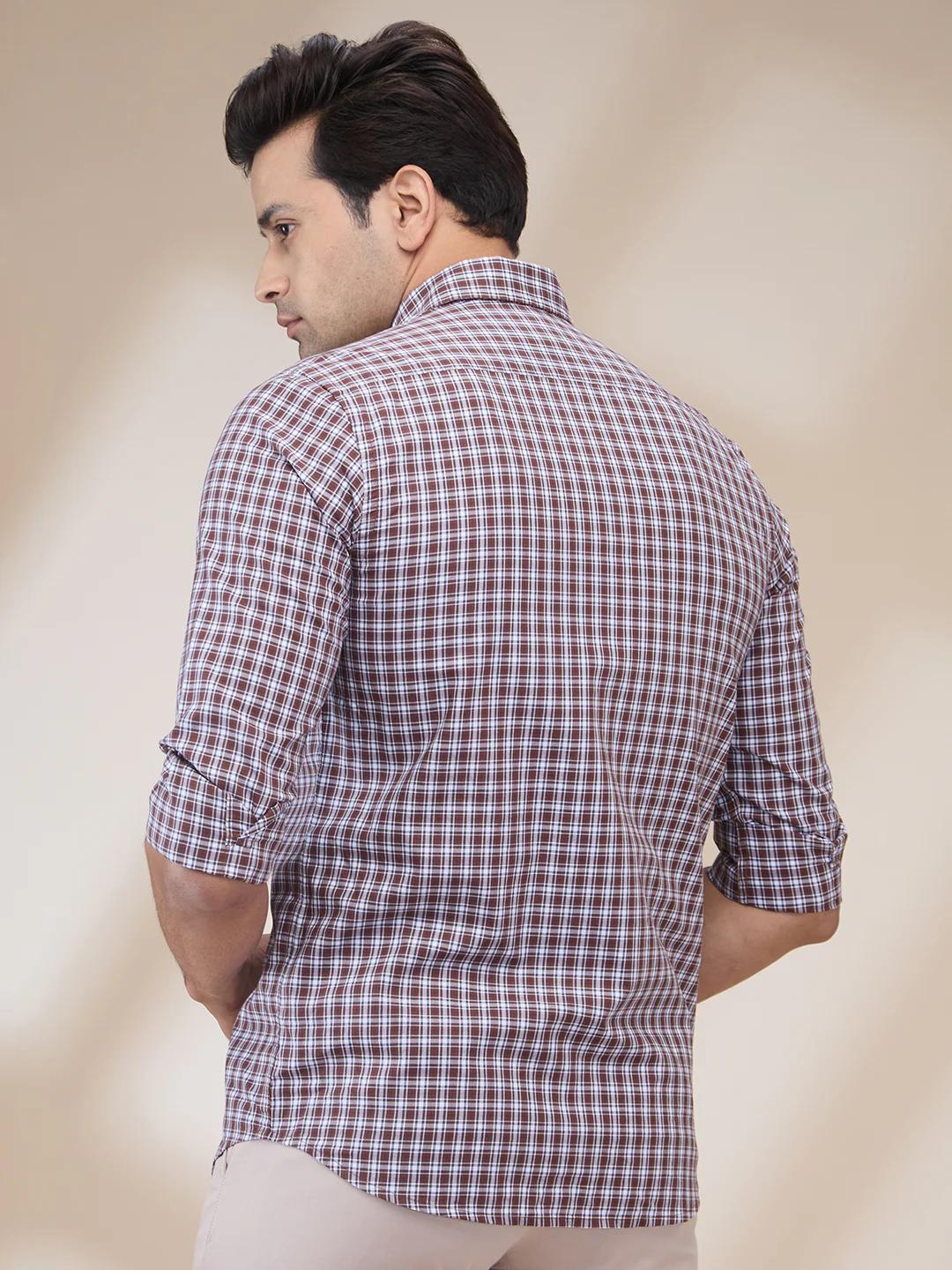 ColorPlus Men Brown Checks Regular Fit Cotton Shirt - Image 4