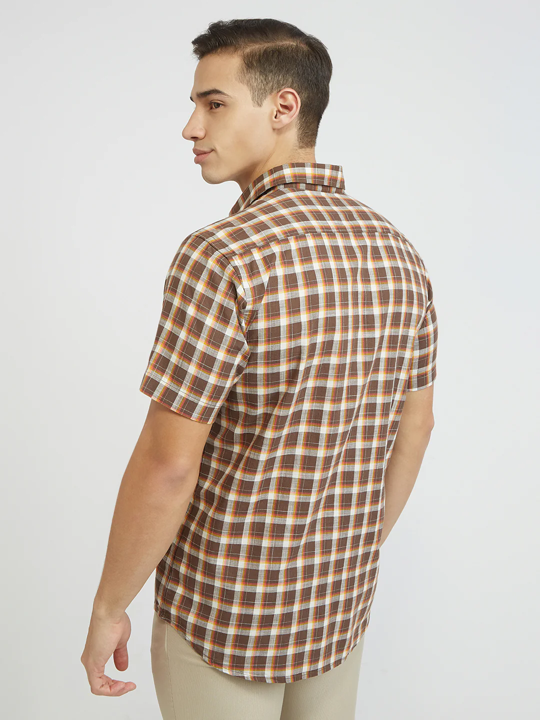 ColorPlus Men Brown Checks Regular Fit Cotton Shirt - Image 4