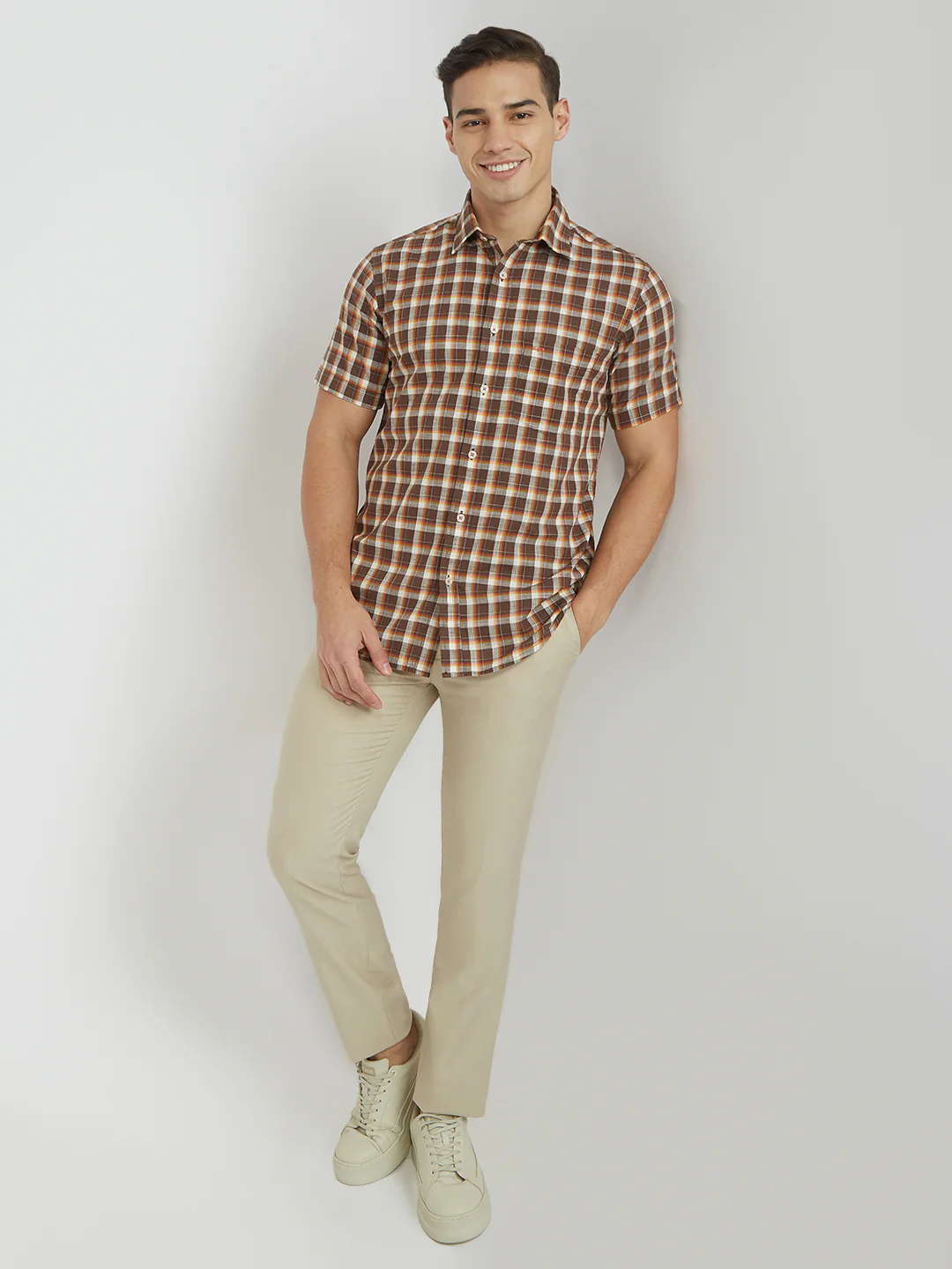 ColorPlus Men Brown Checks Regular Fit Cotton Shirt - Image 5