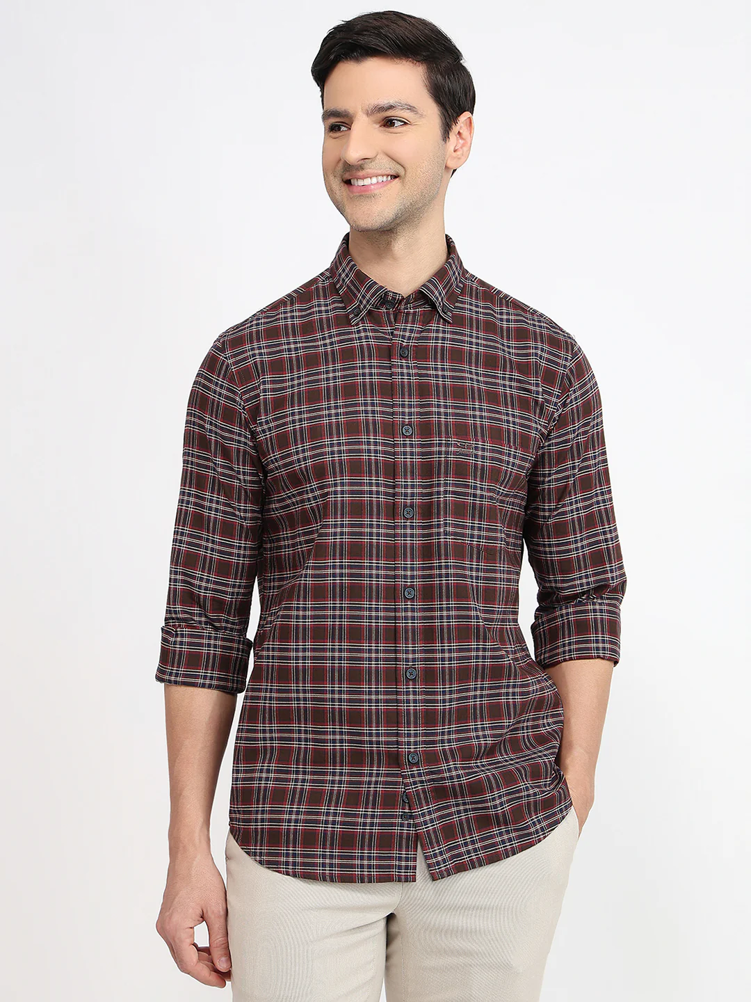 Colorplus Men Brown Checks Regular Fit Cotton Shirt