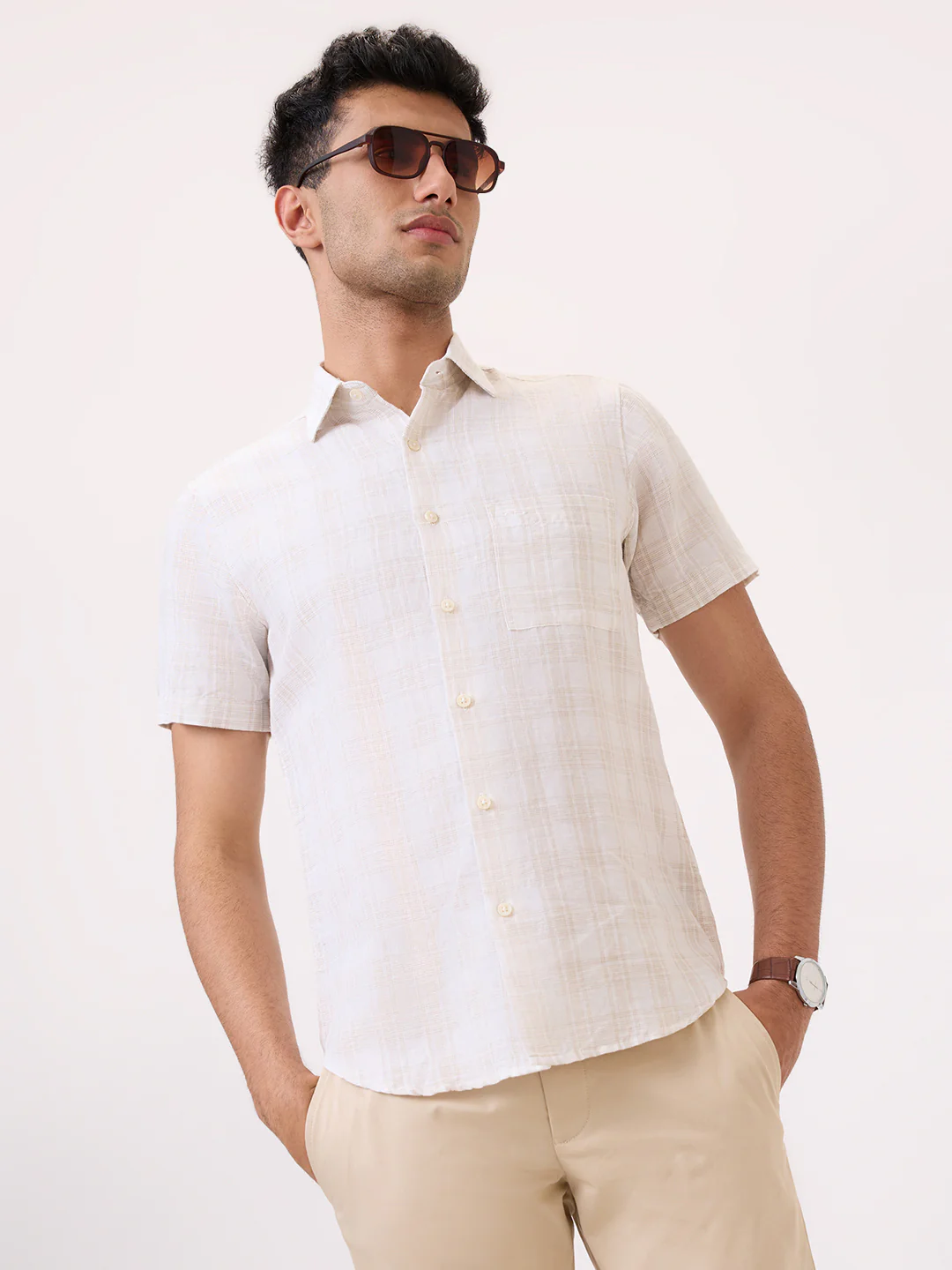 Colorplus Men Brown Checks Regular Fit Linen Blend Casual Shirt