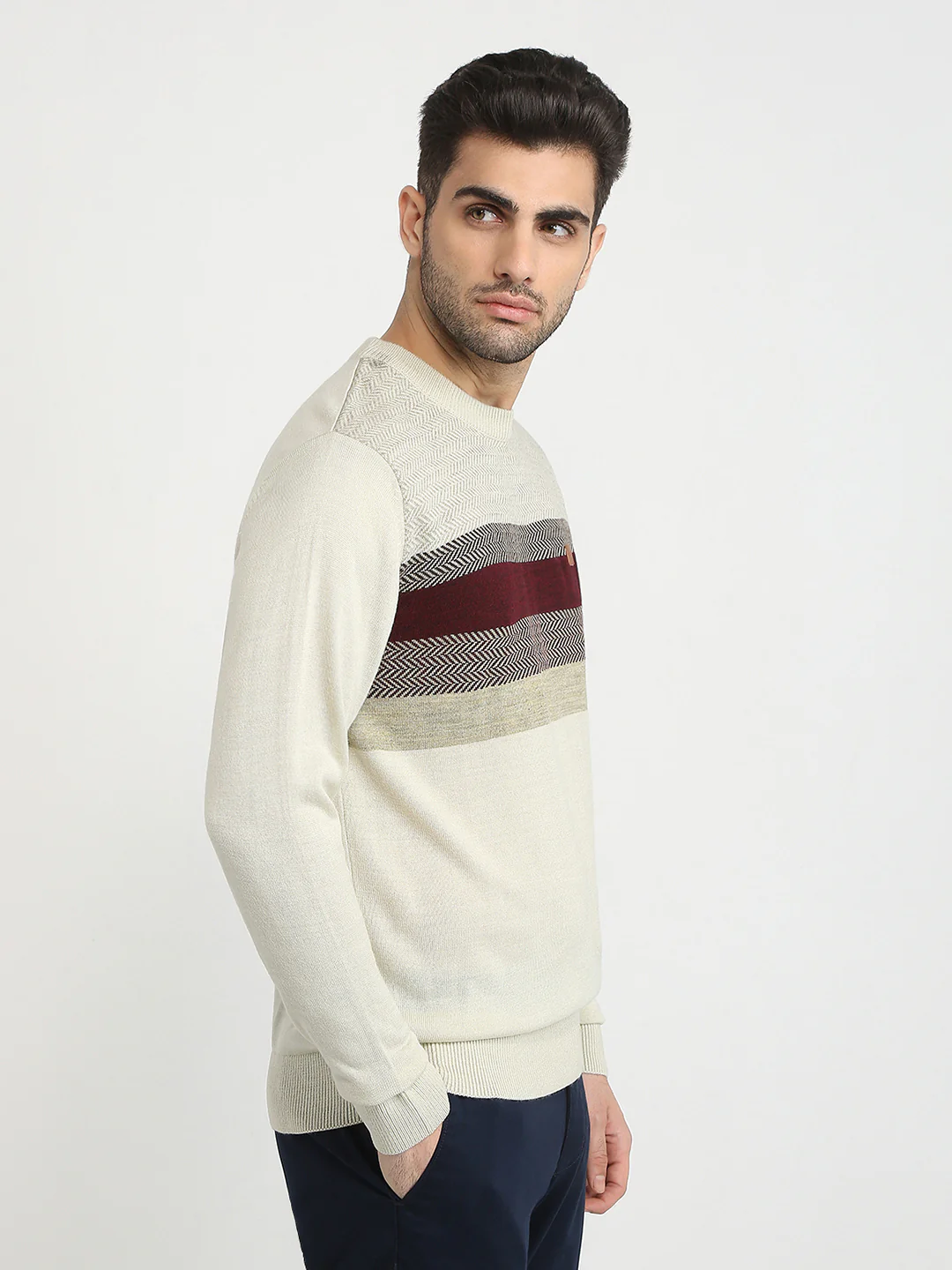Colorplus Men Brown Jacquard Regular Fit Acrylic Full Sleeve V Neck Collar Sweater - Image 3