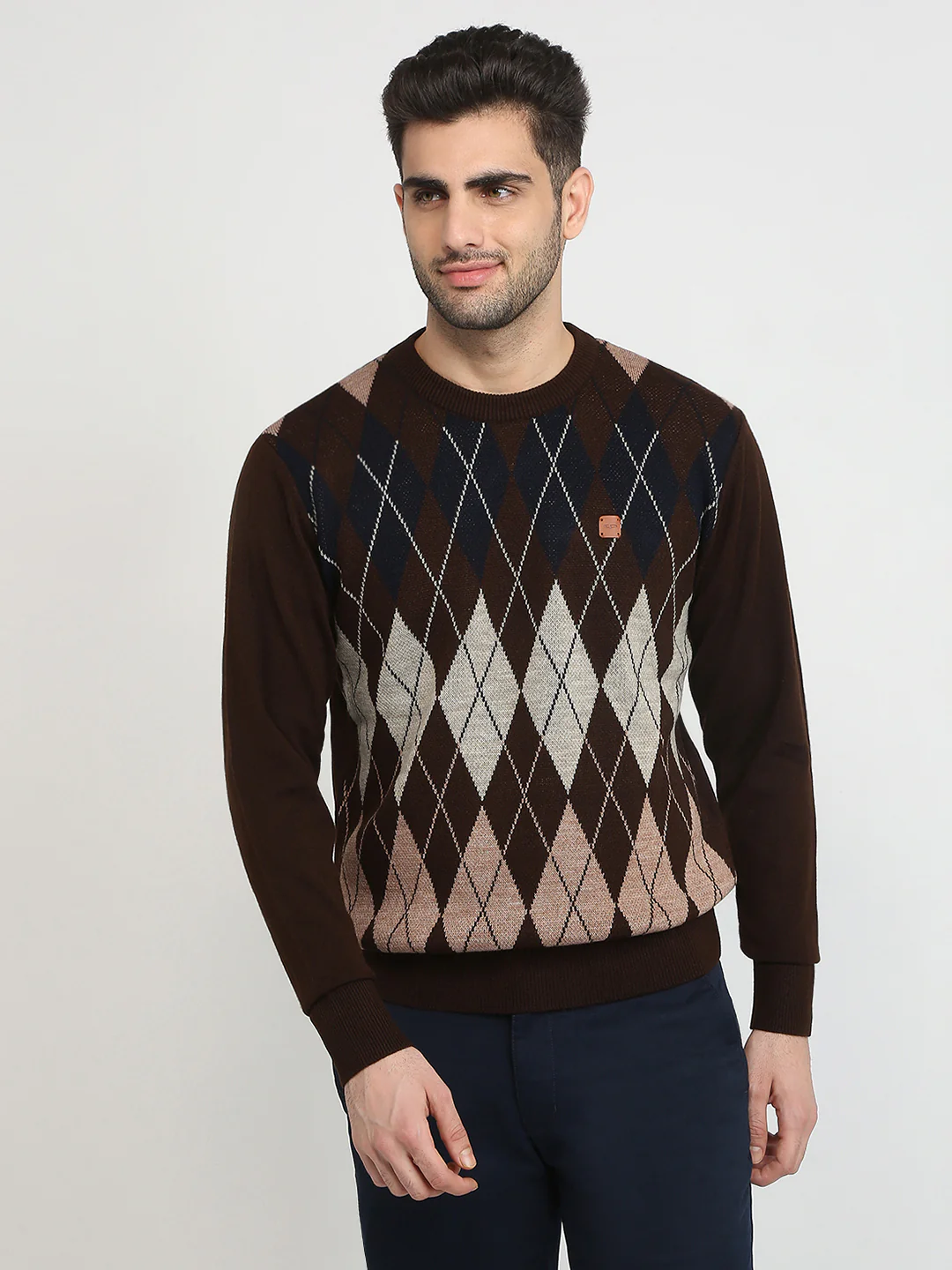 Colorplus Men Brown Jacquard Regular Fit Acrylic Full Sleeve V Neck Collar Sweater