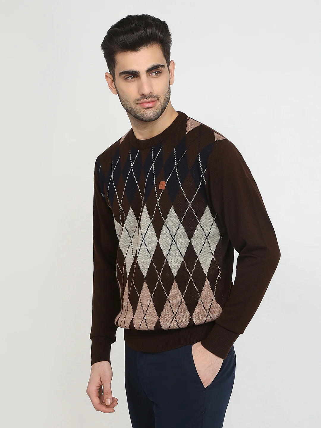 Colorplus Men Brown Jacquard Regular Fit Acrylic Full Sleeve V Neck Collar Sweater - Image 2