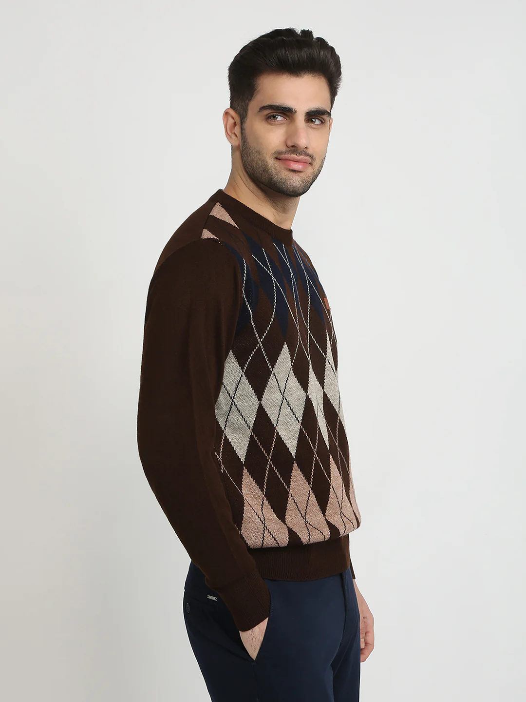 Colorplus Men Brown Jacquard Regular Fit Acrylic Full Sleeve V Neck Collar Sweater - Image 3