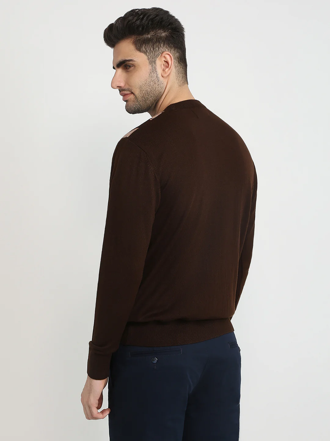 Colorplus Men Brown Jacquard Regular Fit Acrylic Full Sleeve V Neck Collar Sweater - Image 4