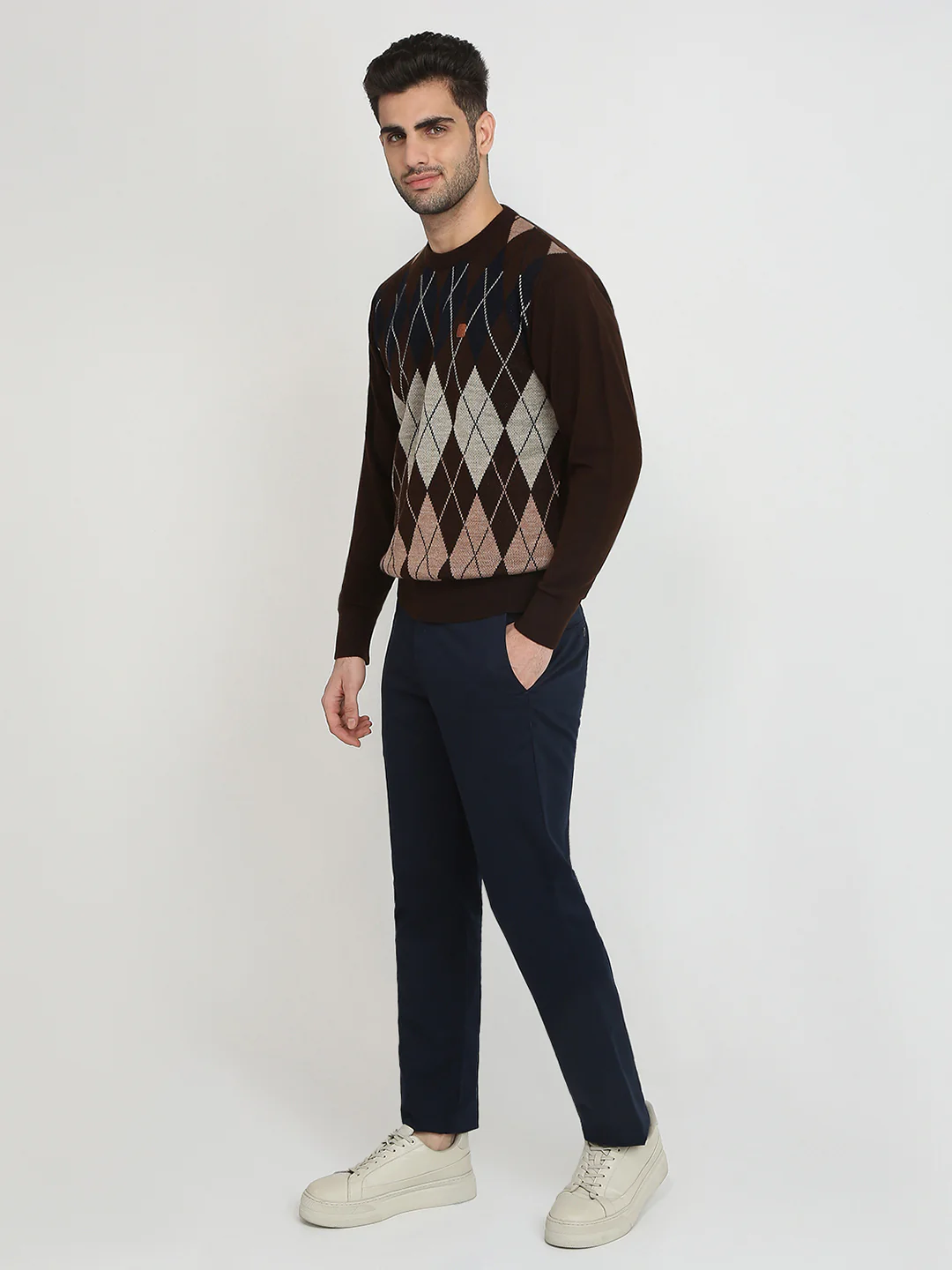Colorplus Men Brown Jacquard Regular Fit Acrylic Full Sleeve V Neck Collar Sweater - Image 5