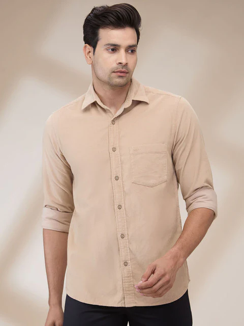 Colorplus Men Brown Plain Regular Fit Cotton Corduroy Casual Shirt