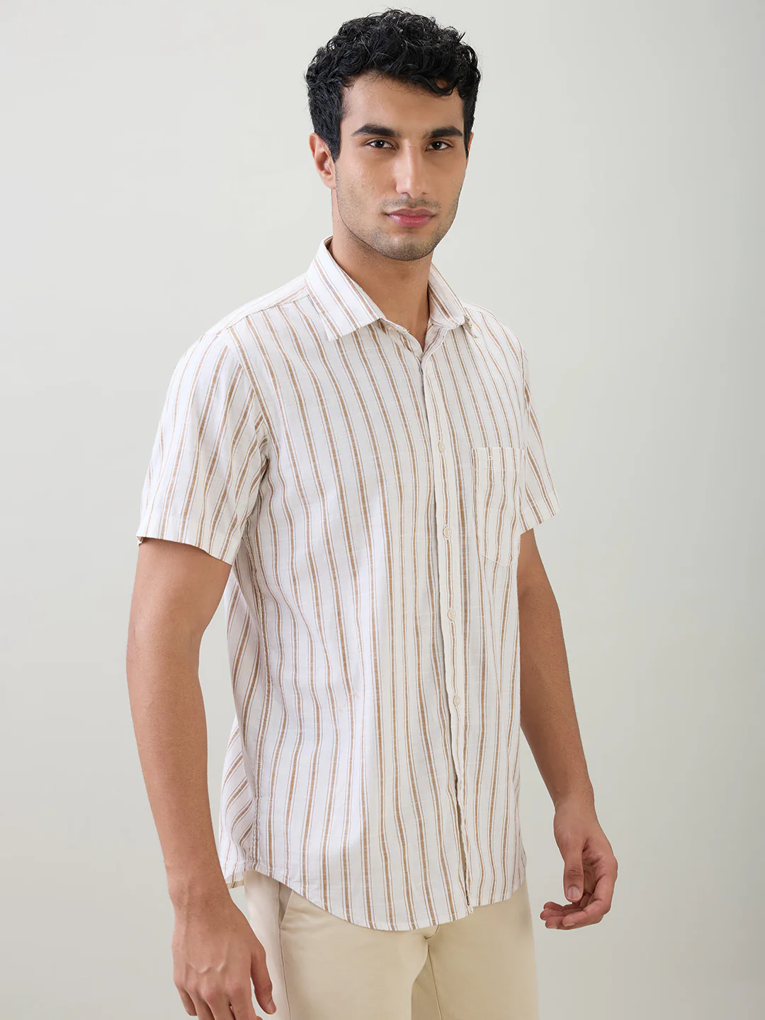 Colorplus Men Brown Stripe Regular Fit Cotton Half Sleeve Casual Shirt - Image 2