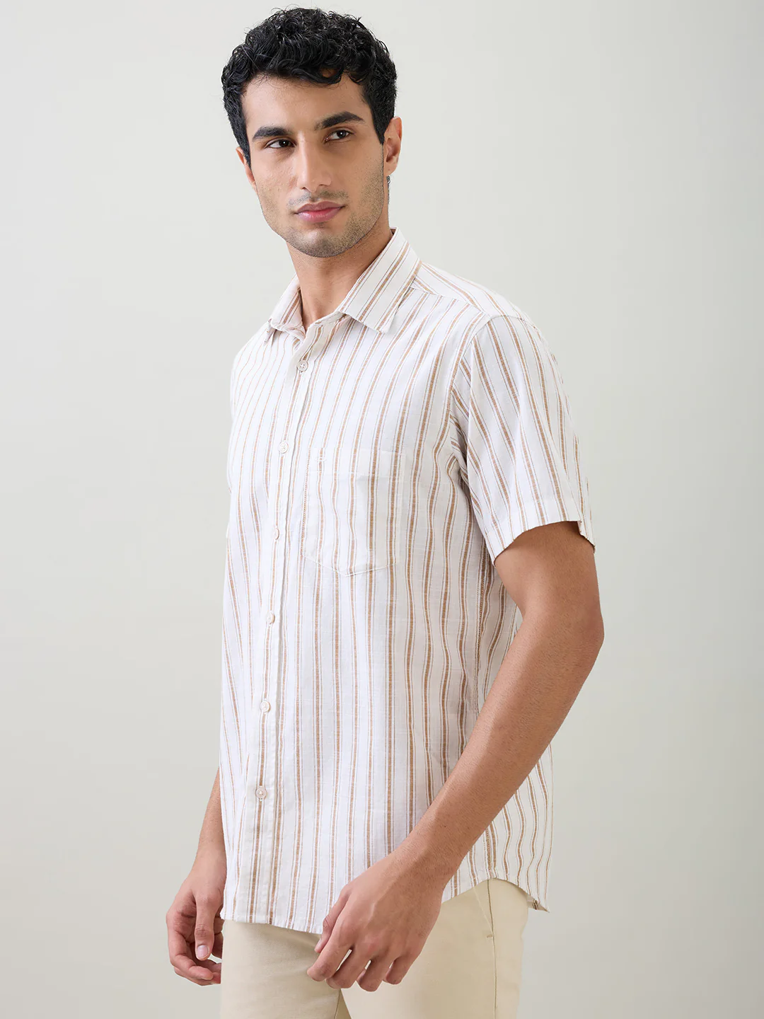 Colorplus Men Brown Stripe Regular Fit Cotton Half Sleeve Casual Shirt - Image 3