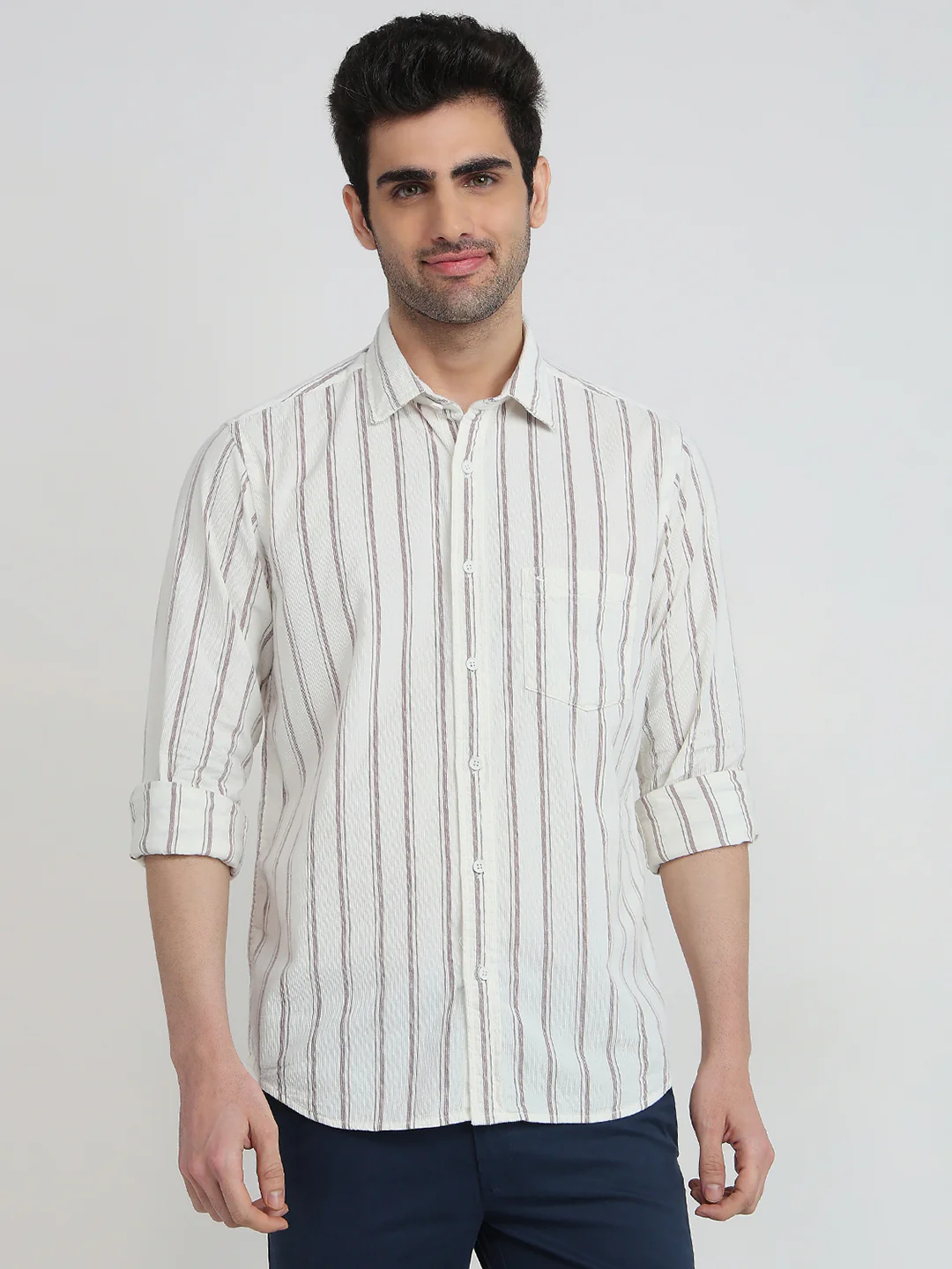 Colorplus Men Brown Stripe Regular Fit Cotton Shirt