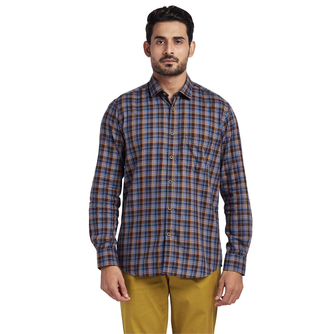 ColorPlus Men Brown Tailored Fit Checks Cotton Full Sleeve Shirts
