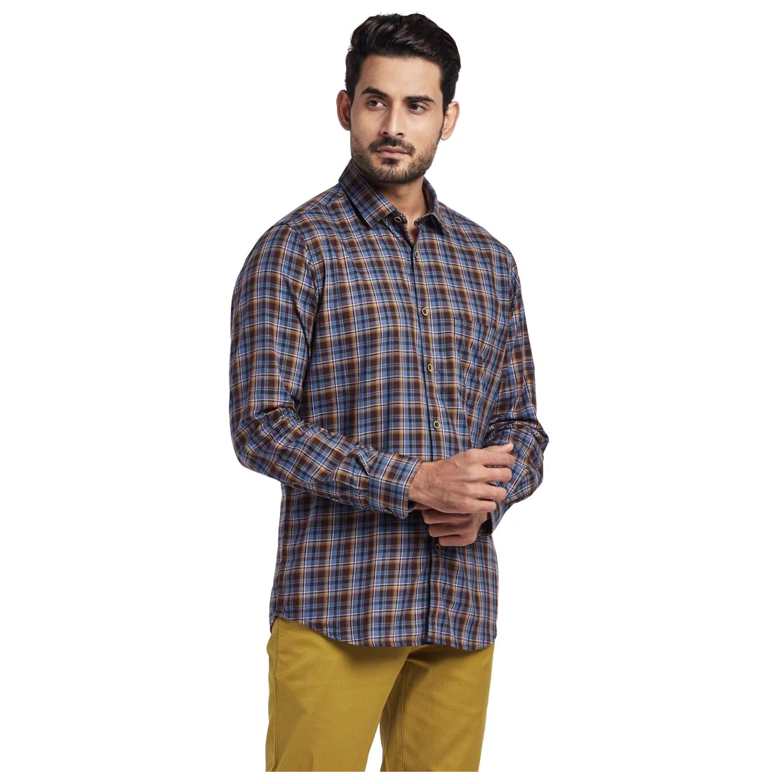 ColorPlus Men Brown Tailored Fit Checks Cotton Full Sleeve Shirts - Image 2