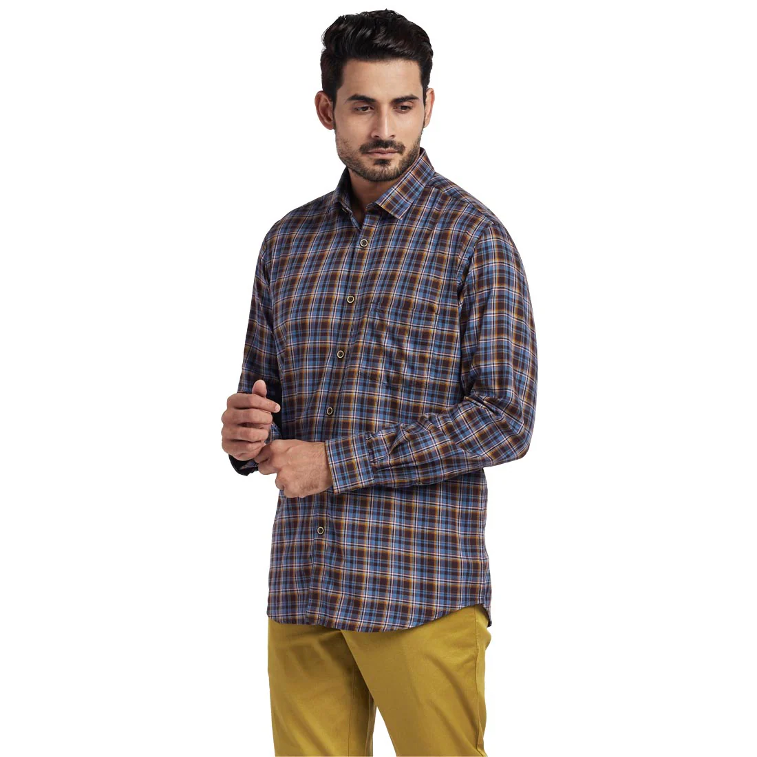 ColorPlus Men Brown Tailored Fit Checks Cotton Full Sleeve Shirts - Image 3