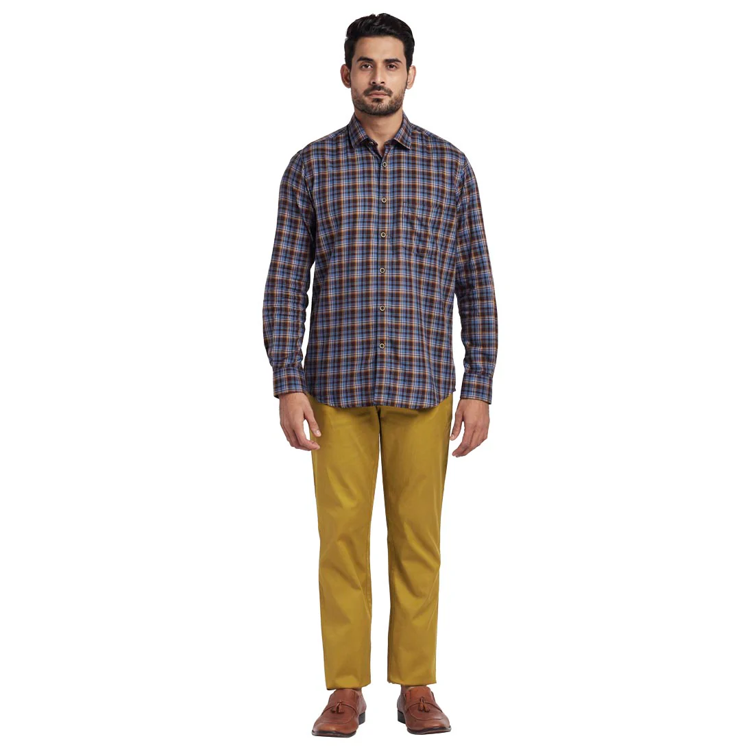 ColorPlus Men Brown Tailored Fit Checks Cotton Full Sleeve Shirts - Image 5