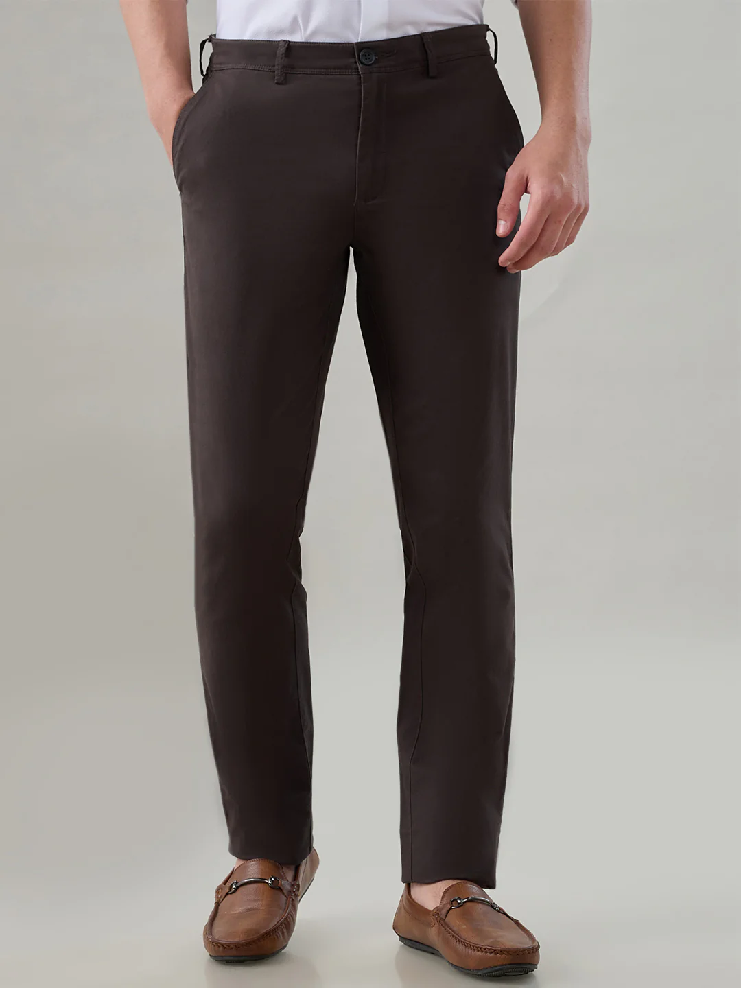Colorplus Men Brown Twill Slim Fit Cotton Blend Trouser