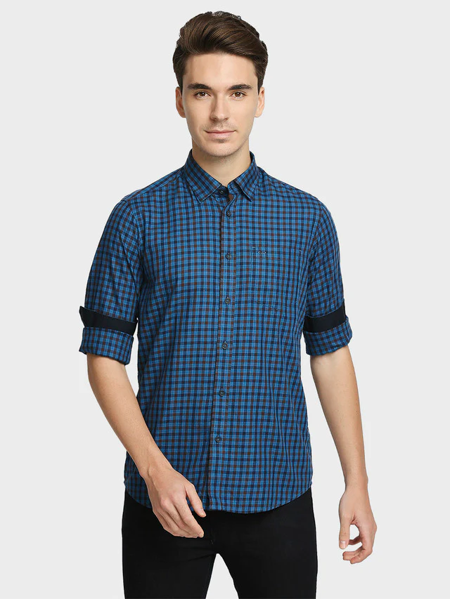 Colorplus Men Green Checkered Contemporary Fit Full Sleeve Spread Collar Shirt