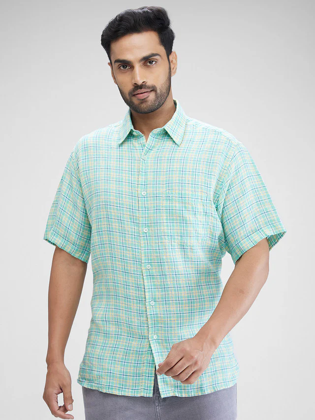 Colorplus Men Green Checkered Regular Fit Half Sleeve Spread Collar Shirt