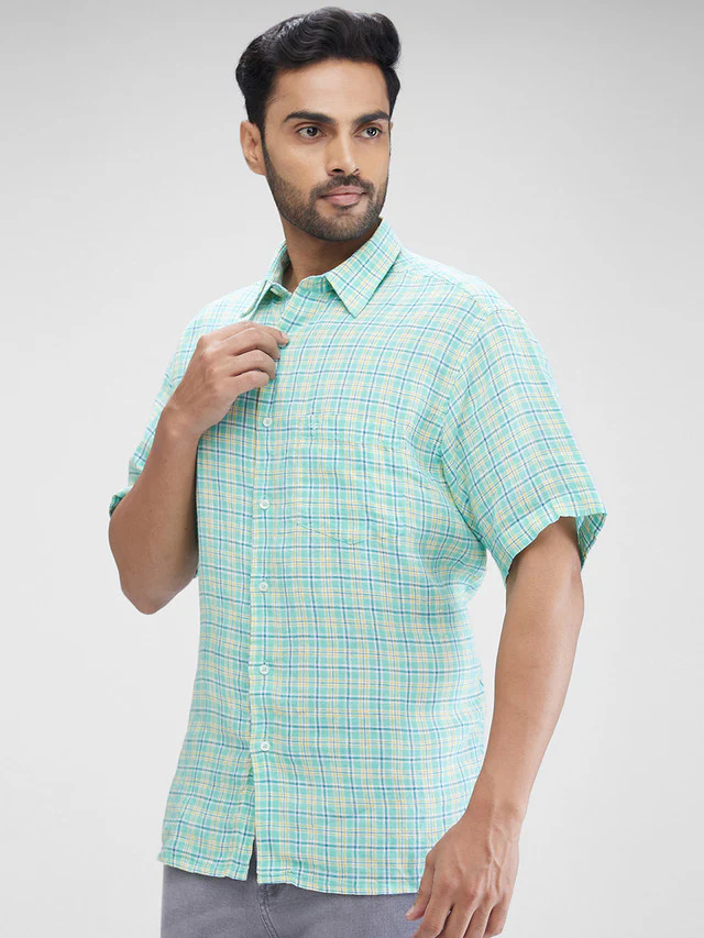 Colorplus Men Green Checkered Regular Fit Half Sleeve Spread Collar Shirt - Image 3